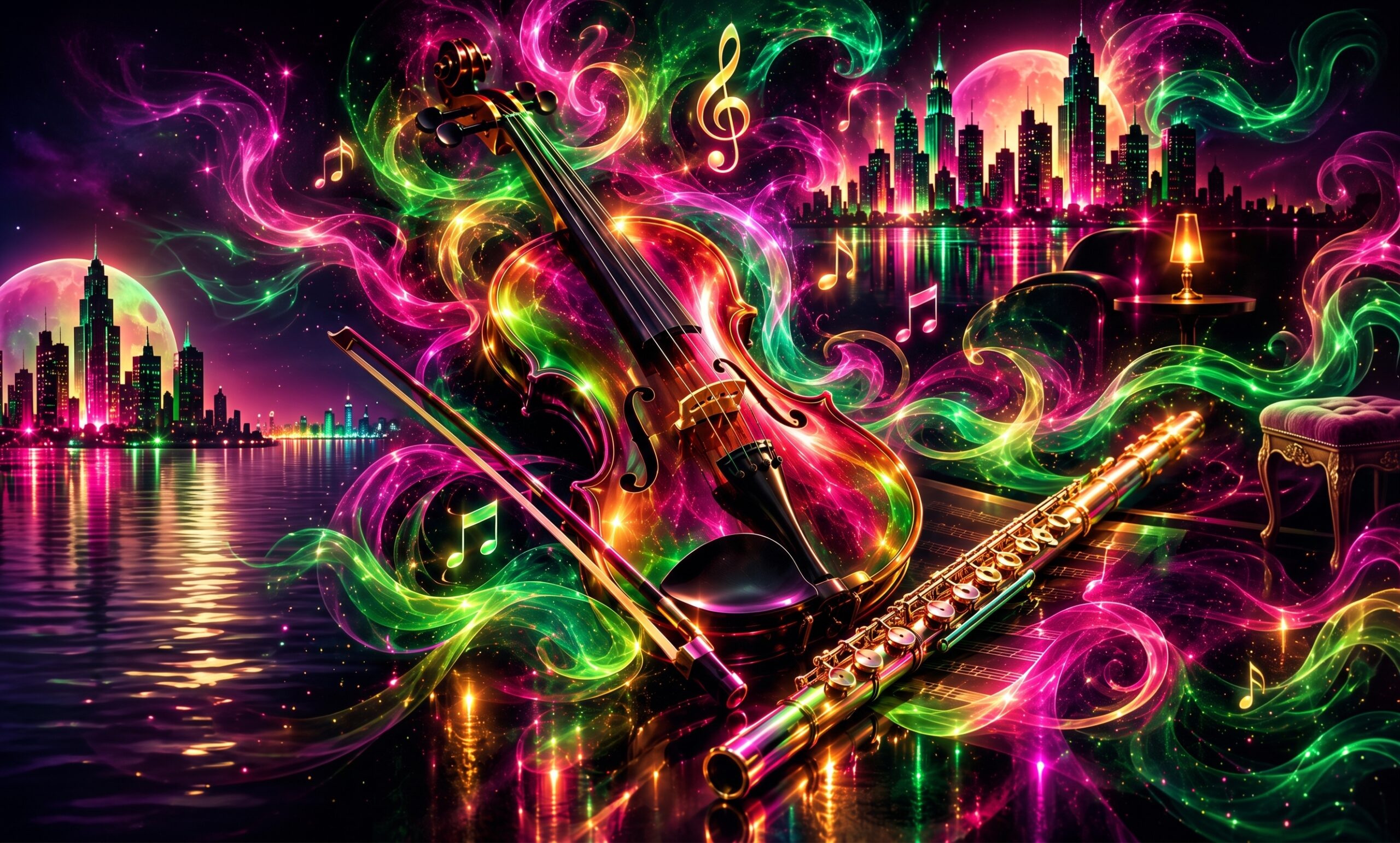 Artwork with violin and other instruments